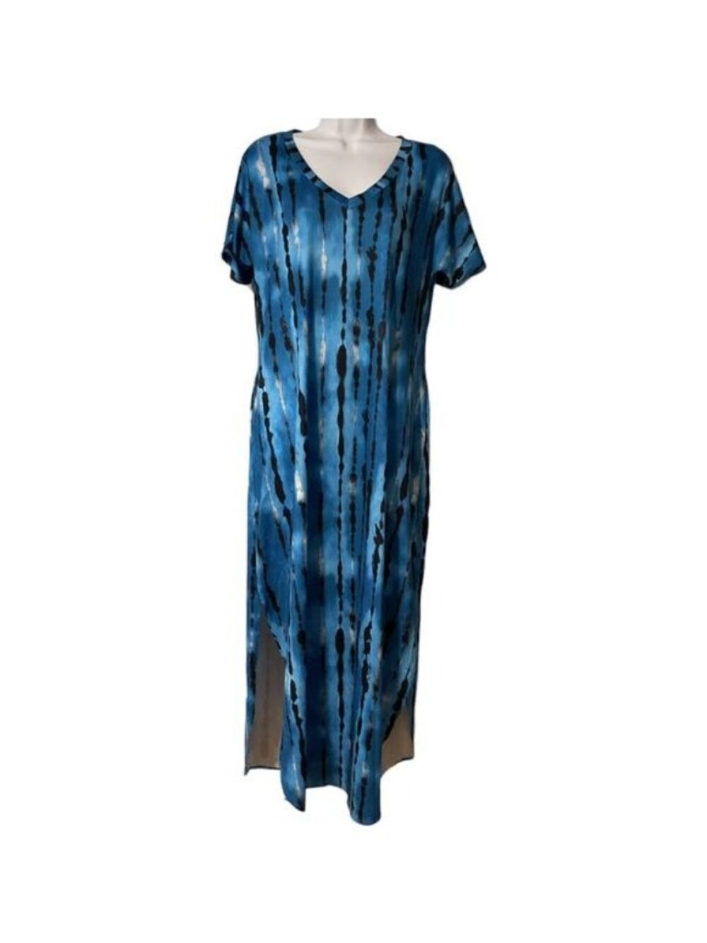Arolina Blue Tie Dye Maxi Dress Size L V-Neck Side Slit Resort Boho Summer